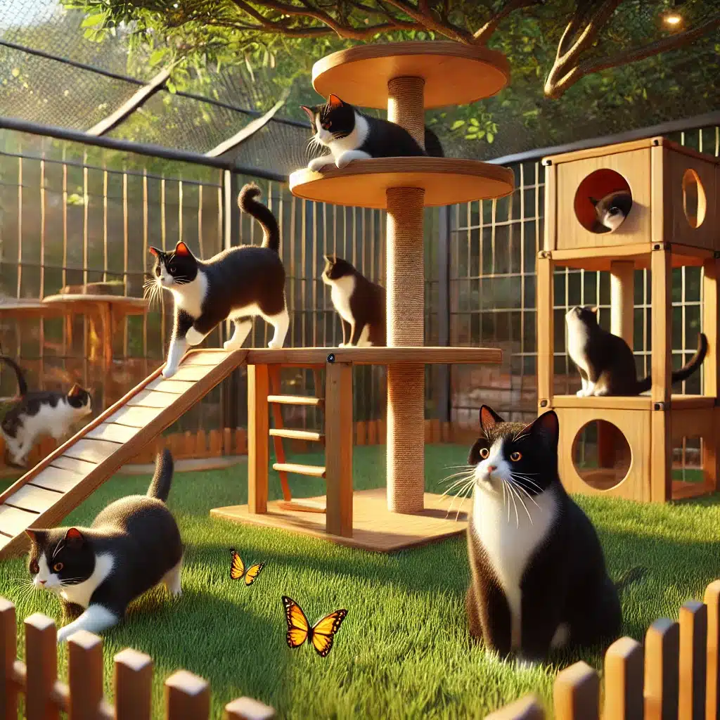 tuxedo cats enjoying supervised outdoor play